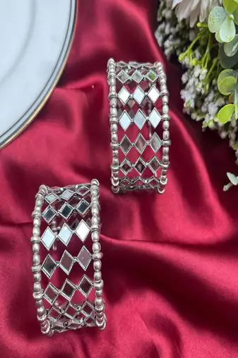 Silver mirror kada bangle set, indian bracelet stack, boho wrist cuff (pair)
