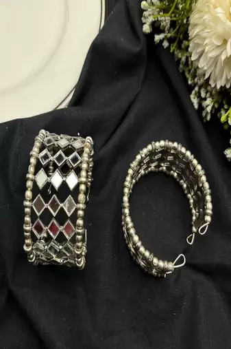 Silver mirror kada bangle set, indian bracelet stack, boho wrist cuff (pair)