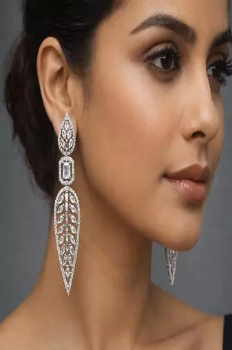 Cz bridal earrings: long crystal wedding jewelry, bollywood style