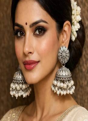Oxidized silver jhumka earrings with pearls, indian boho bridal drop earrings 1
