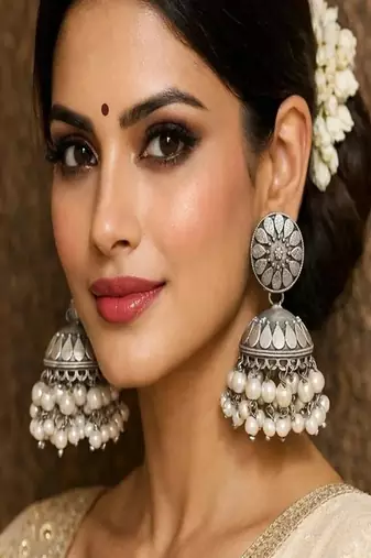 Oxidized silver jhumka earrings with pearls, indian boho bridal drop earrings