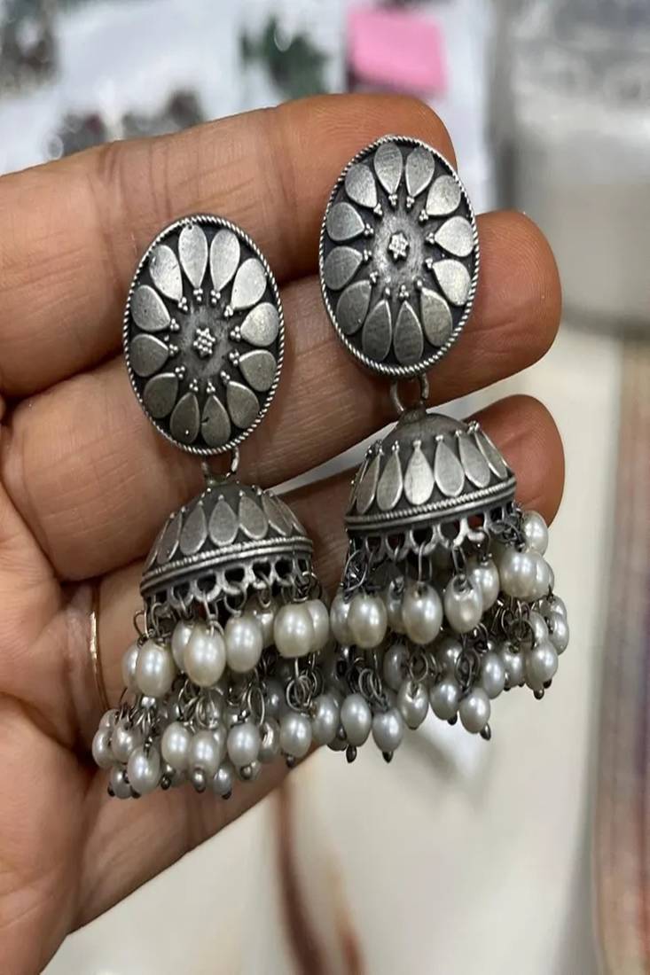 Oxidized silver jhumka earrings with pearls, indian boho bridal drop earrings