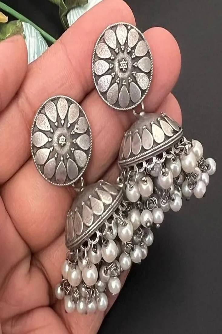 Oxidized silver jhumka earrings with pearls, indian boho bridal drop earrings