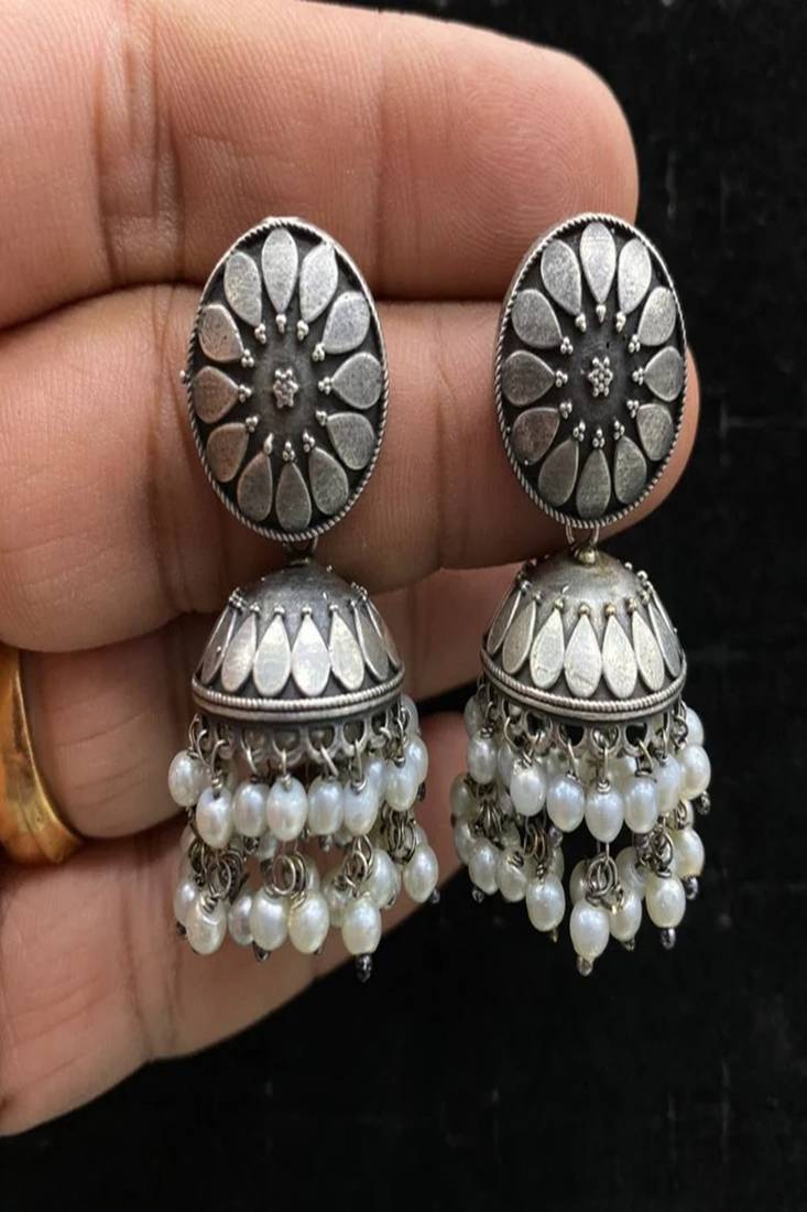 Oxidized silver jhumka earrings with pearls, indian boho bridal drop earrings