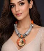 Heritage tribal indian art pendant necklace rajasthani miniature painting jewelry|oxidized silver hasli chitai necklace