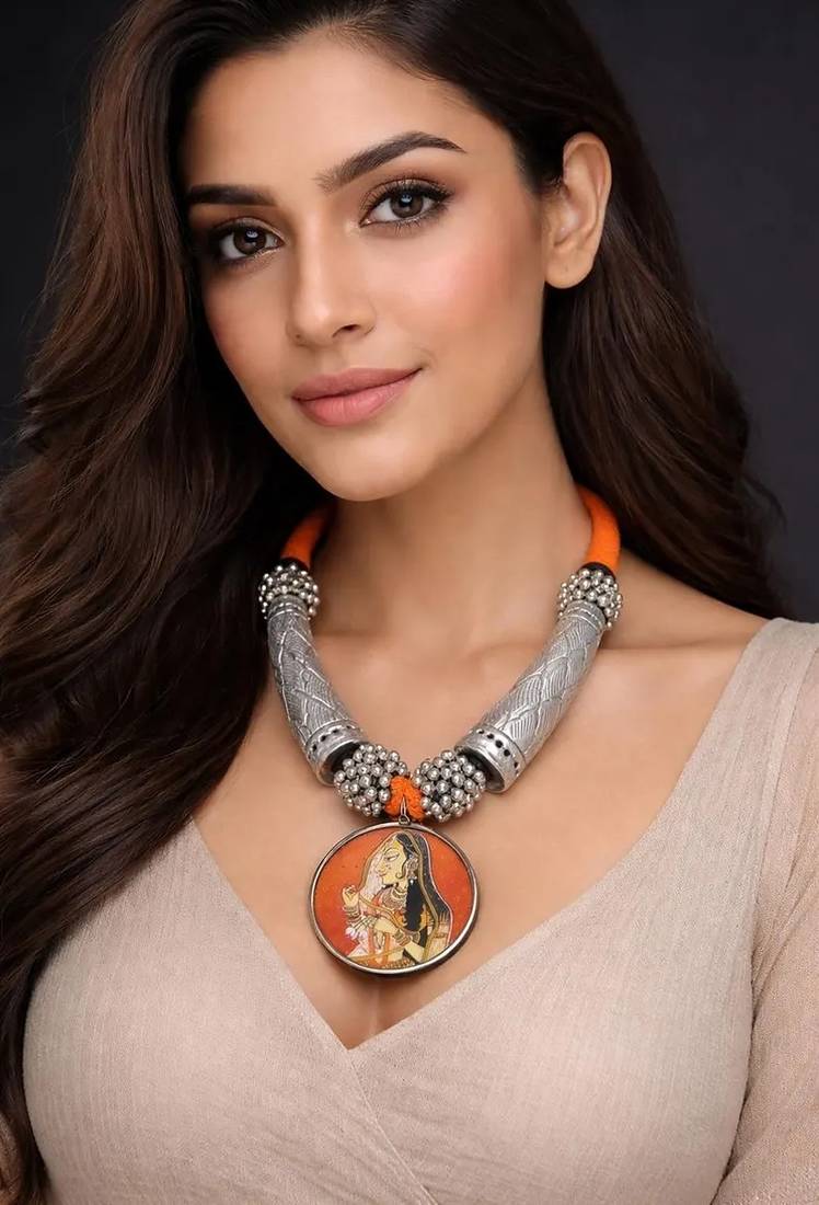 Heritage tribal indian art pendant necklace rajasthani miniature painting jewelry|oxidized silver hasli chitai necklace
