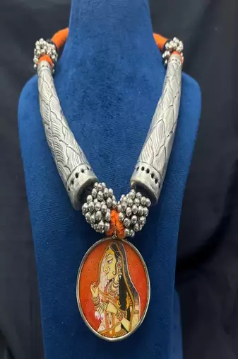 Heritage tribal indian art pendant necklace rajasthani miniature painting jewelry|oxidized silver hasli chitai necklace