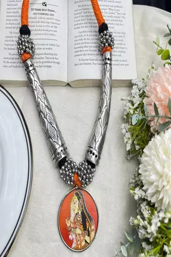 Heritage tribal indian art pendant necklace rajasthani miniature painting jewelry|oxidized silver hasli chitai necklace