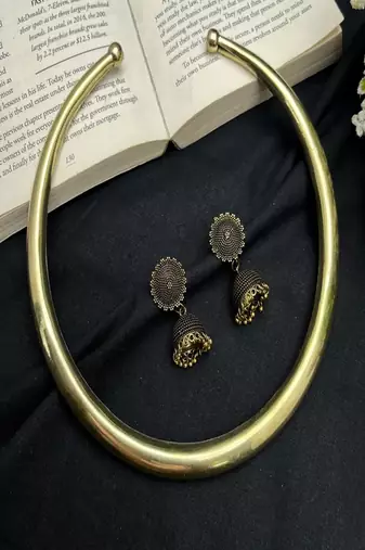 Oxidised gold brass hasli choker necklace set with jhumka |tribal indian boho statement torque collar necklace