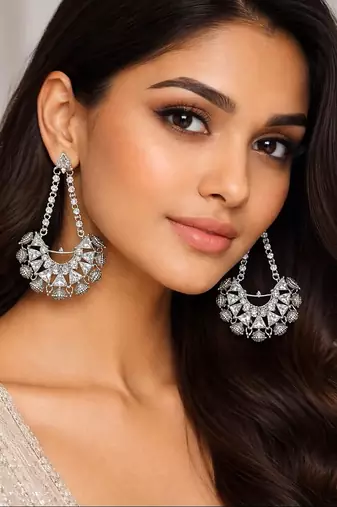 Vintage inspired indian dangle earrings, rhodium plated white zircon statement earrings