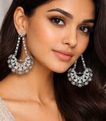 Vintage inspired indian dangle earrings, rhodium plated white zircon statement earrings