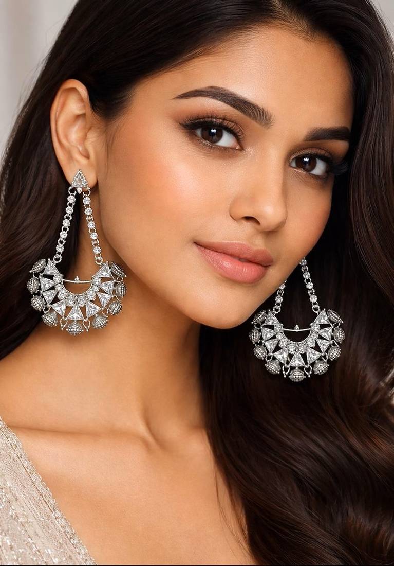 Vintage inspired indian dangle earrings, rhodium plated white zircon statement earrings