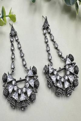 Vintage inspired indian dangle earrings, rhodium plated white zircon statement earrings 2