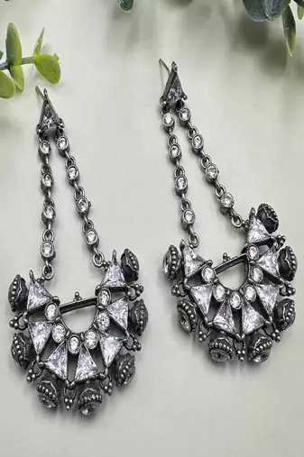 Vintage inspired indian dangle earrings, rhodium plated white zircon statement earrings