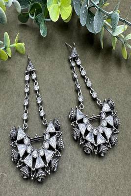 Vintage inspired indian dangle earrings, rhodium plated white zircon statement earrings 3
