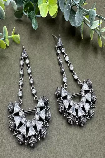 Vintage inspired indian dangle earrings, rhodium plated white zircon statement earrings