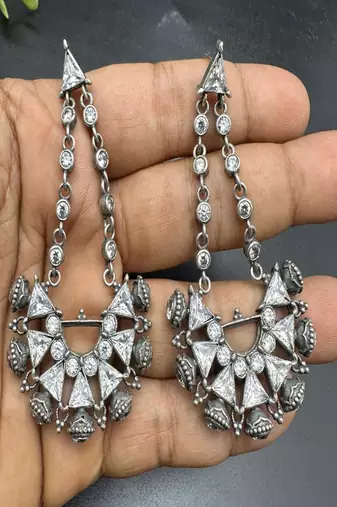 Vintage inspired indian dangle earrings, rhodium plated white zircon statement earrings