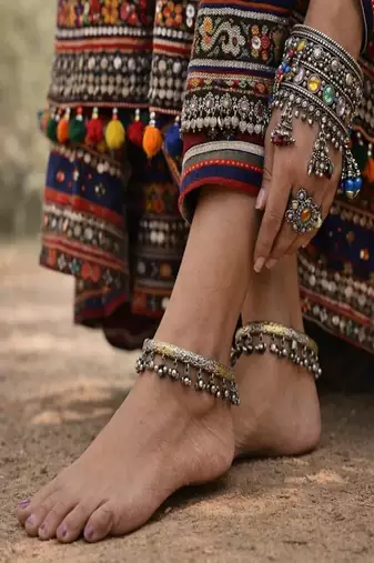 Dual tone ghungroo anklet kada|hand engraved tribal indian ankle bracelet