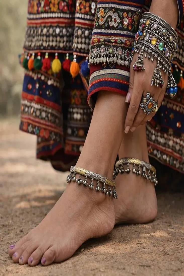 Dual tone ghungroo anklet kada|hand engraved tribal indian ankle bracelet