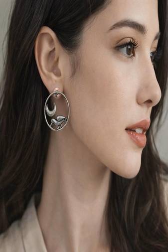 Oxidized silver moon bird earrings, celestial circle stud earrings, boho statement jewelry