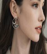 Oxidized silver moon bird earrings, celestial circle stud earrings, boho statement jewelry