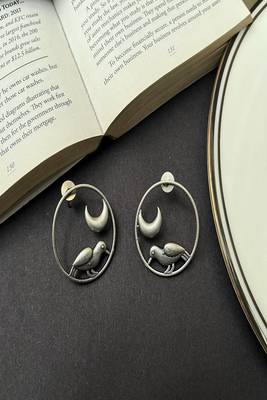 Oxidized silver moon bird earrings, celestial circle stud earrings, boho statement jewelry 2