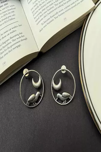 Oxidized silver moon bird earrings, celestial circle stud earrings, boho statement jewelry