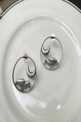 Oxidized silver moon bird earrings, celestial circle stud earrings, boho statement jewelry 3