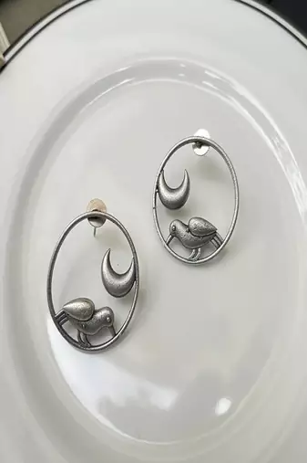 Oxidized silver moon bird earrings, celestial circle stud earrings, boho statement jewelry