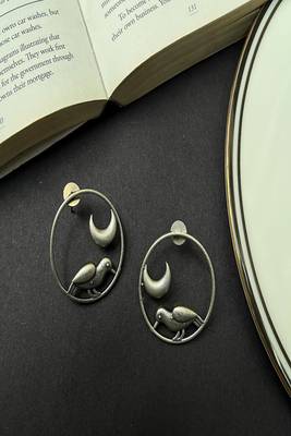 Oxidized silver moon bird earrings, celestial circle stud earrings, boho statement jewelry 4