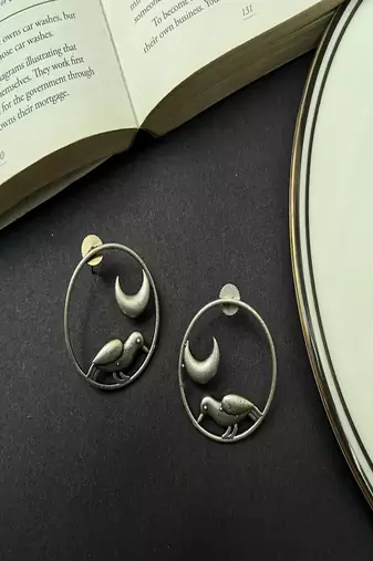 Oxidized silver moon bird earrings, celestial circle stud earrings, boho statement jewelry