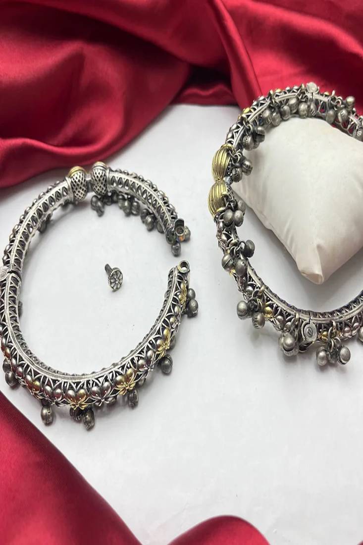 Oxidized silver ghungroo anklets indian payal ankle kada bracelet, chitai work rajasthani jewelry,