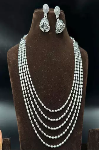 Handcrafted silver multi layered matar mala necklace set oxidized indian mohanmala jewelry with jhumka