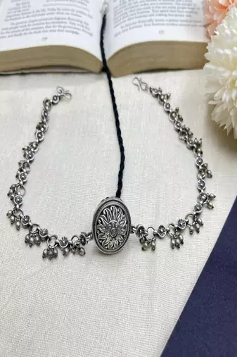 Oxidized silver borla maang tikka: rajasthani bridal headpiece