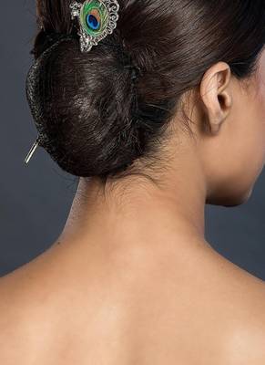Oxidized peacock feather hair stick: antique silver plated hair pin 1