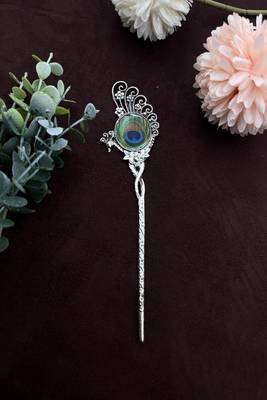 Oxidized peacock feather hair stick: antique silver plated hair pin 3