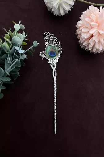 Oxidized peacock feather hair stick: antique silver plated hair pin