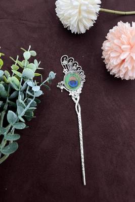 Oxidized peacock feather hair stick: antique silver plated hair pin 4