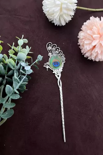 Oxidized peacock feather hair stick: antique silver plated hair pin