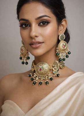Antique gold kundan choker necklace set with green beads|indian bridal rajwadi jadau jewelry 1