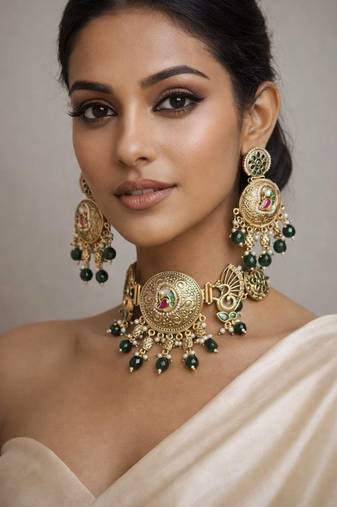 Antique gold kundan choker necklace set with green beads|indian bridal rajwadi jadau jewelry