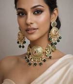 Antique gold kundan choker necklace set with green beads|indian bridal rajwadi jadau jewelry