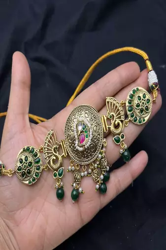 Antique gold kundan choker necklace set with green beads|indian bridal rajwadi jadau jewelry