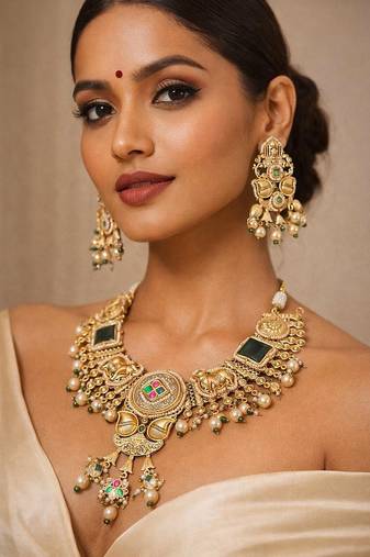 Rajwadi temple necklace set, antique gold jadau indian bridal jewelry set, elephant peacock motif