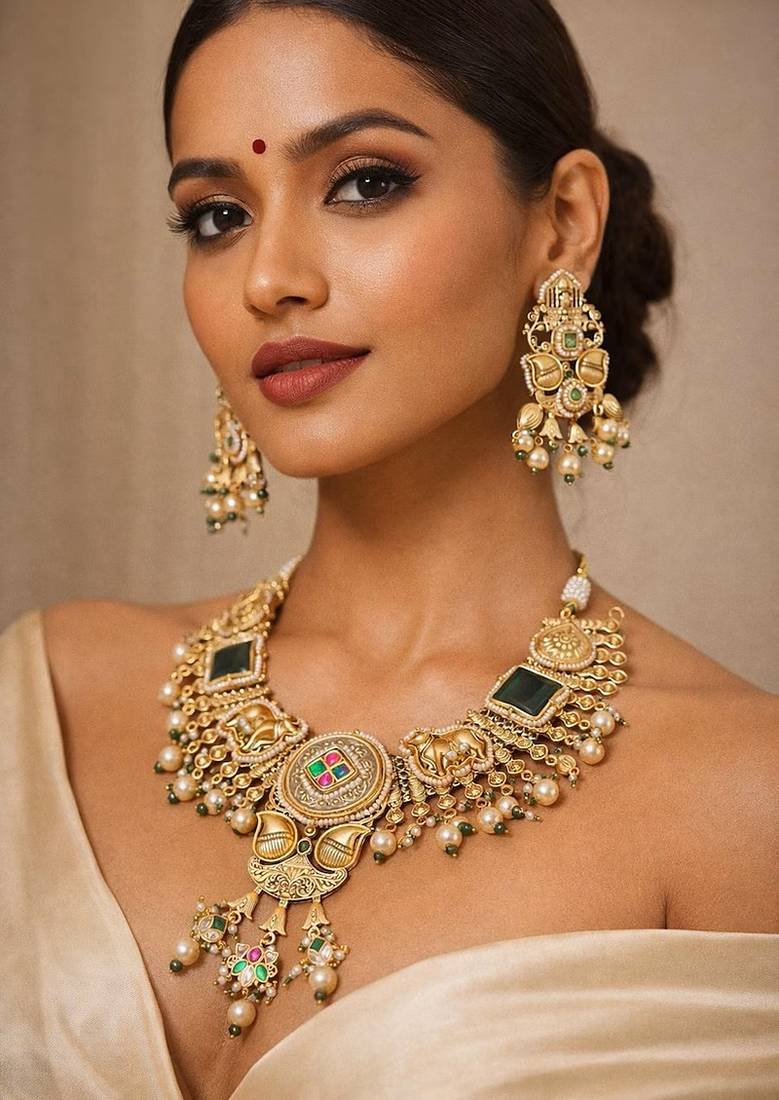 Rajwadi temple necklace set, antique gold jadau indian bridal jewelry set, elephant peacock motif