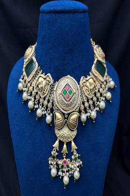 Rajwadi temple necklace set, antique gold jadau indian bridal jewelry set, elephant peacock motif 2