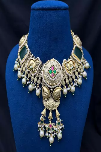 Rajwadi temple necklace set, antique gold jadau indian bridal jewelry set, elephant peacock motif