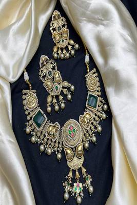 Rajwadi temple necklace set, antique gold jadau indian bridal jewelry set, elephant peacock motif 4