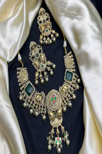 Rajwadi temple necklace set, antique gold jadau indian bridal jewelry set, elephant peacock motif