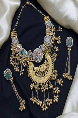 Rajwadi kundan necklace set, antique gold dual tone indian bridal jewelry, peacock choker 2